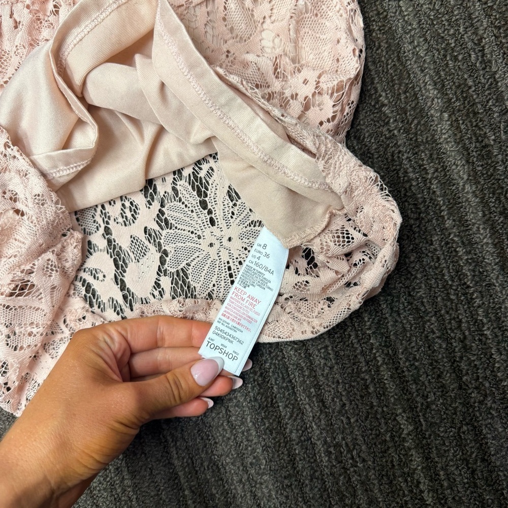 Topshop Blush Pink Lace Top Blouse with Ruffle Sleeves High Neck - Picture 5 of 8